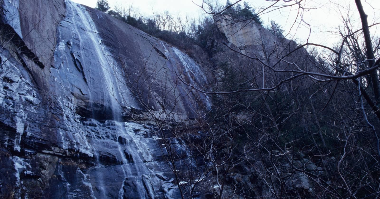 Hickory Nut Falls in winter conditions at Chimney Rock State Park