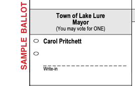 Sample Lake Lure mayoral ballot showing Carol Pritchett as the only printed name, with a write-in line beneath