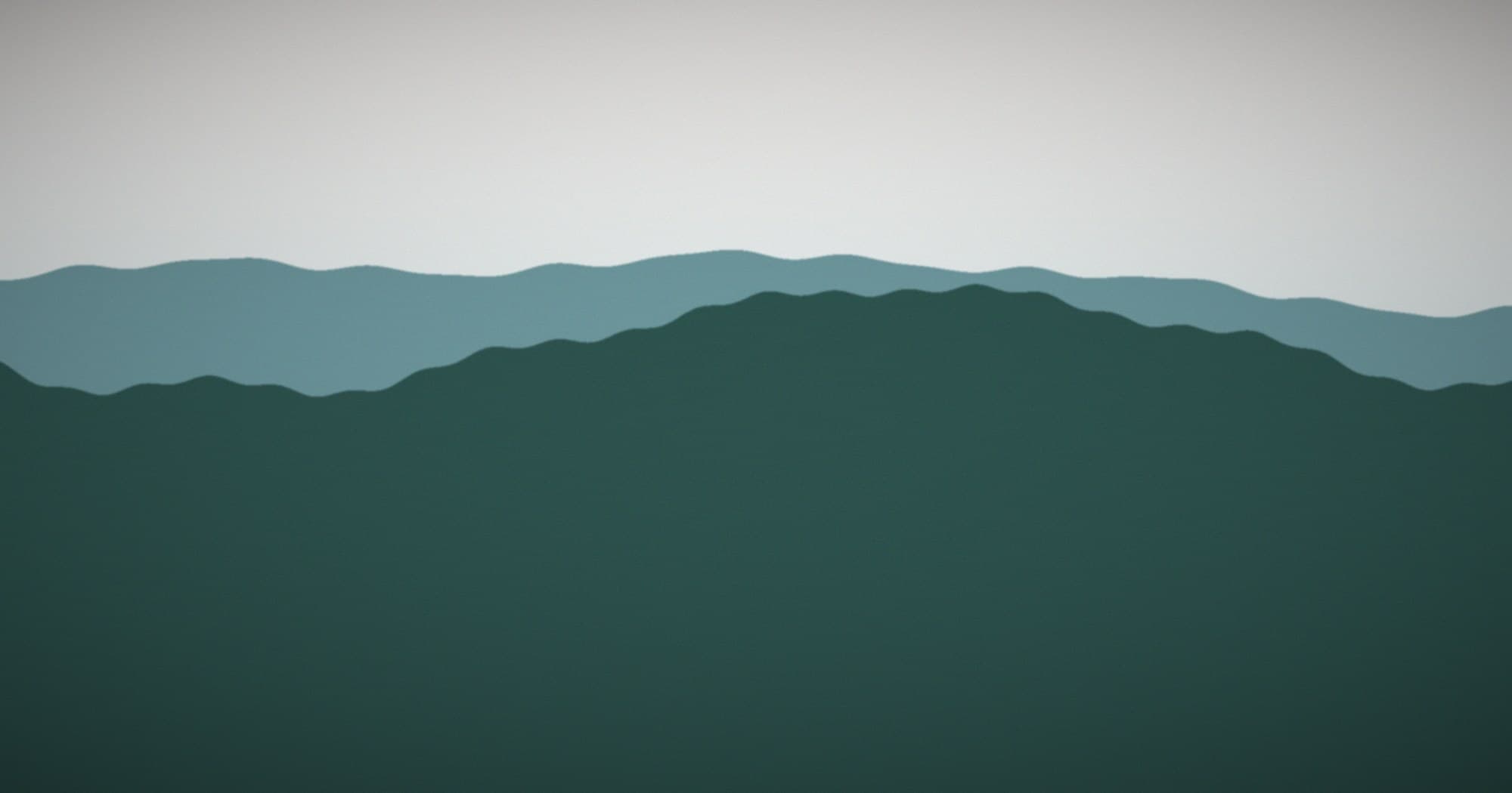 Illustrated mountain lake landscape with layered ridgelines and blue sky