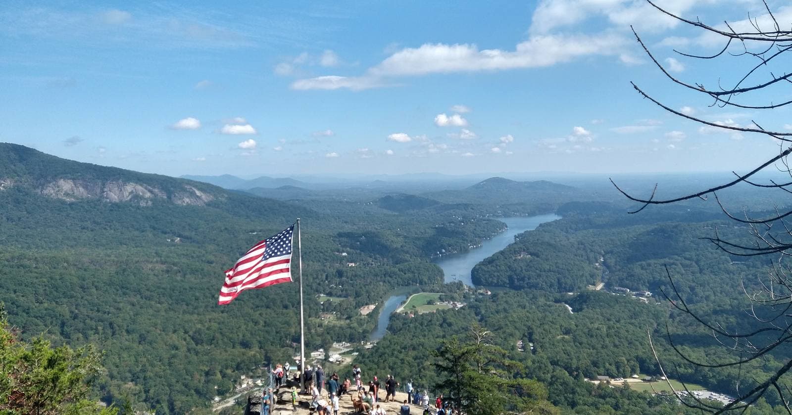 American flag flying at a scenic overlook above Lake Lure, NC