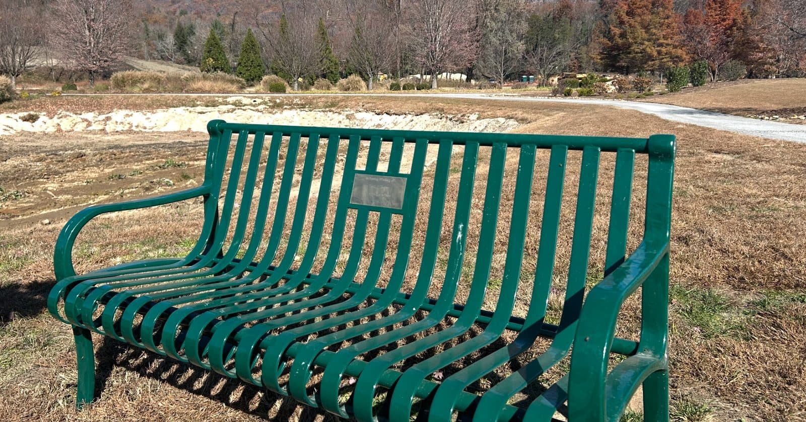 A green memorial park bench with a plaque, photographed in winter near Lake Lure, NC