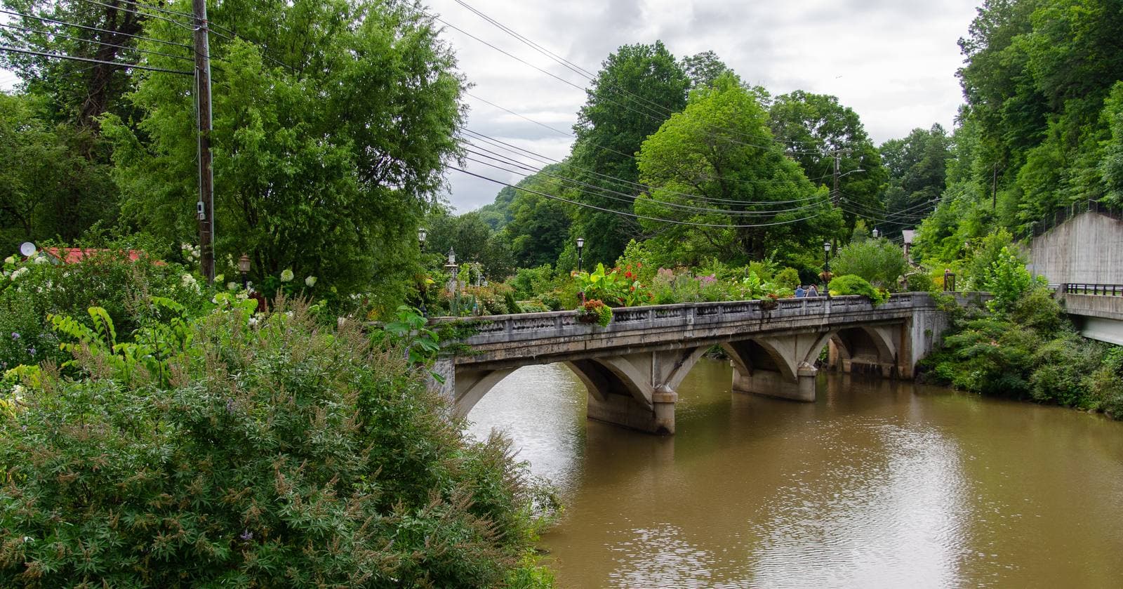 Lake Lure Flowering Bridge, lined with flowers, spanning the river