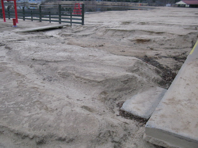 Lake Lure Beach on Feb. 6, 2025, showing runnels and washouts from Hurricane Helene prior to sand rehab work